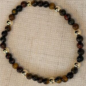 Bracelet,multicolored Tiger Eye 3 mm gemstone,gold plated beads,elastic. 7”-7.5”